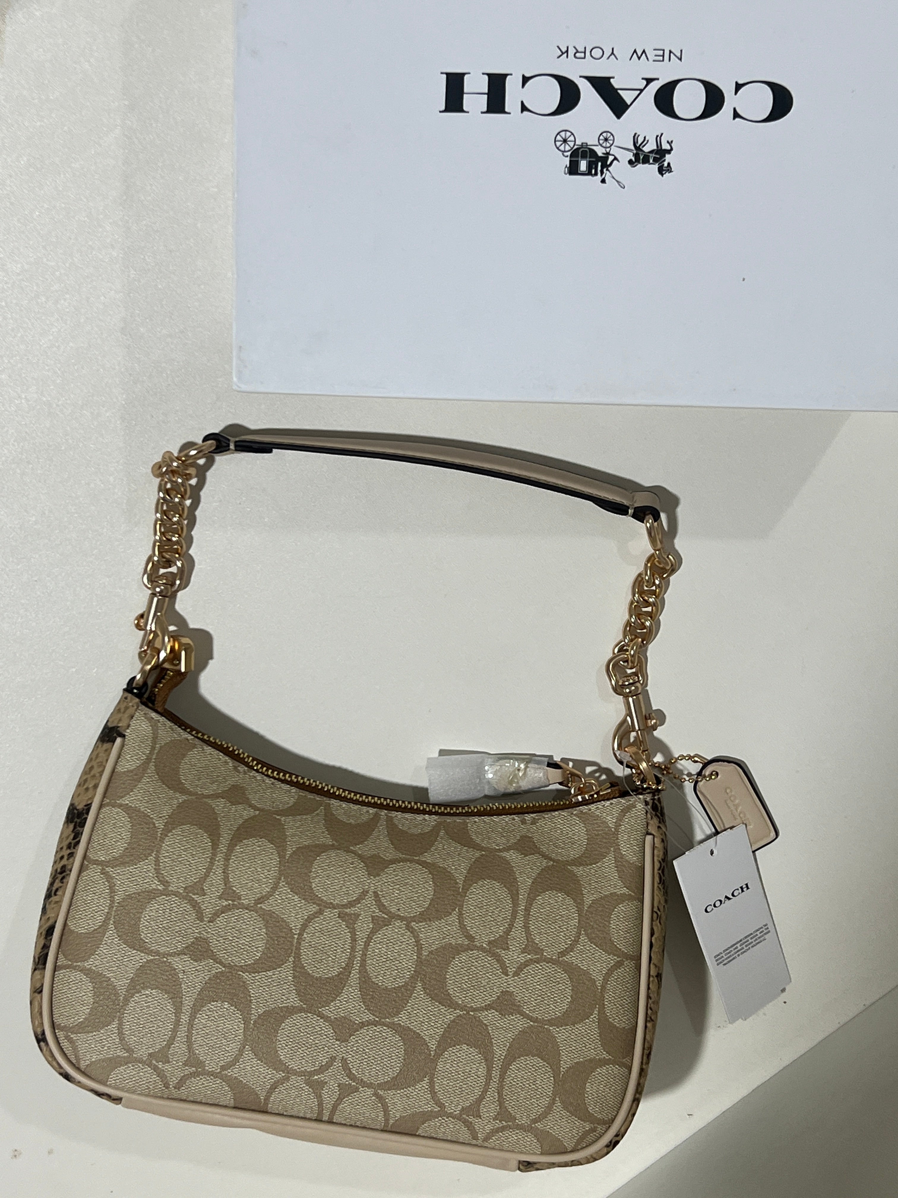 Coach Teri khaki snake-embossed leather Shoulder Bag (with Box and long strap)